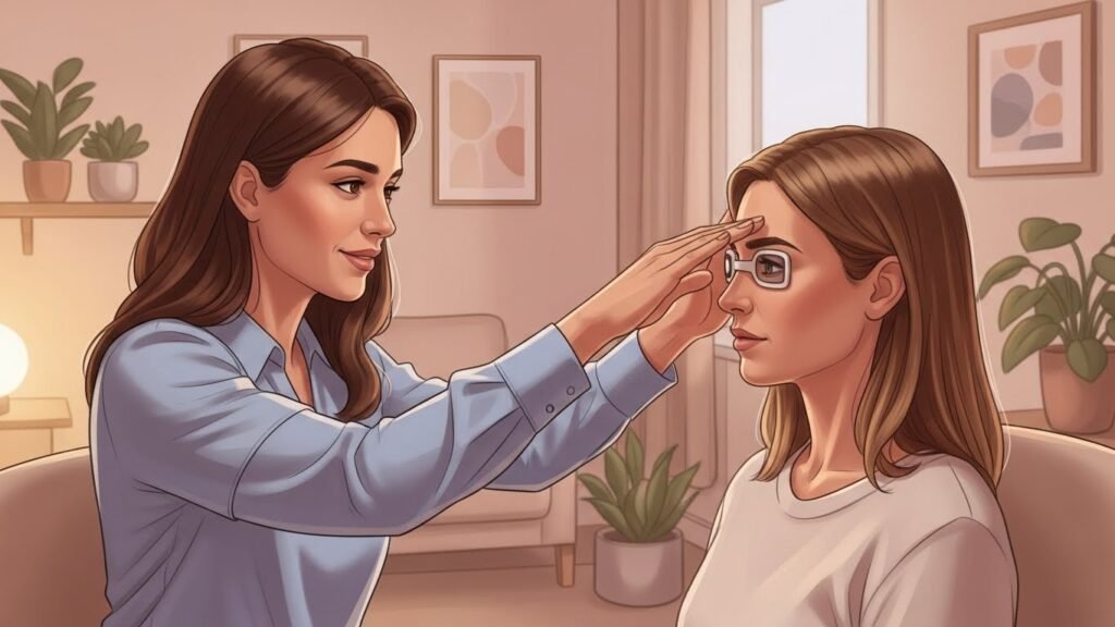 Ilustração suave de uma terapeuta conduzindo uma sessão de EMDR com movimentos oculares, em um consultório acolhedor com luz quente e tons pastel.