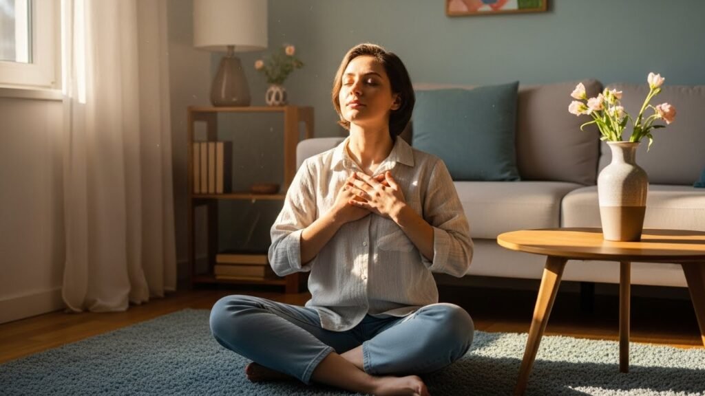 Pessoa sentada com as mãos sobre o peito em um ambiente iluminado pelo sol, representando alívio da ansiedade e equilíbrio emocional.