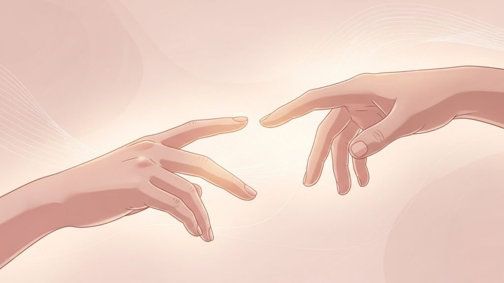 Duas mãos quase se tocando em um fundo rosé suave, simbolizando conexão emocional, intimidade e acolhimento na terapia sexual.