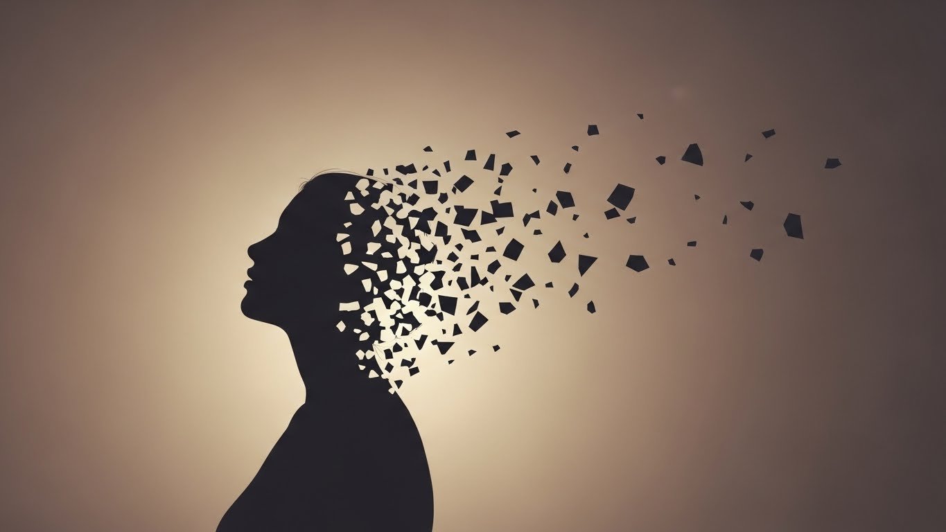 Silhueta humana com fragmentos se transformando em luz, simbolizando traumas não resolvidos e o processo de cura emocional.