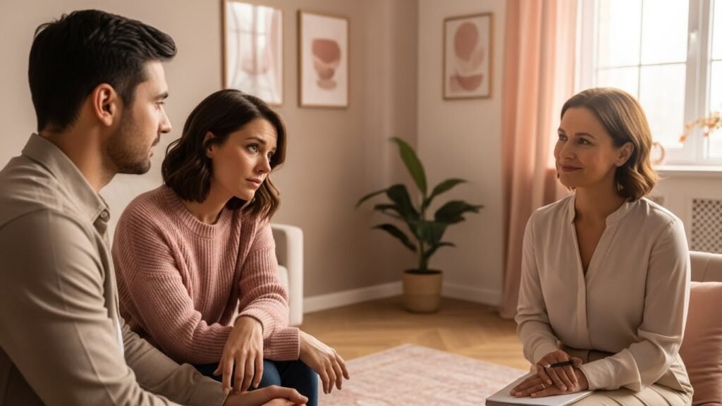 Casal conversando em uma terapia de casal com uma psicóloga, em ambiente tranquilo com tons neutros e iluminação acolhedora.