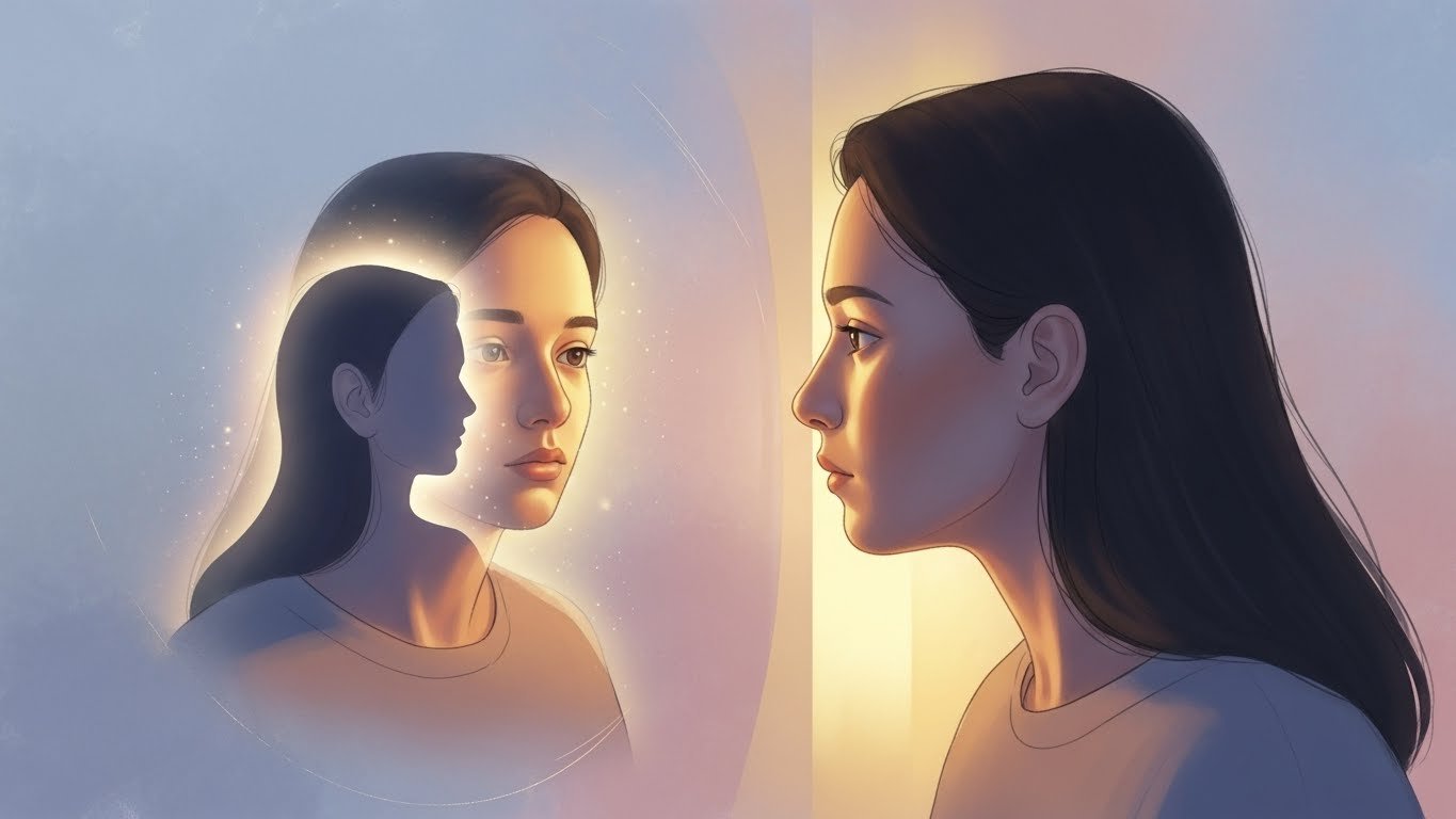 Pessoa olhando para seu próprio reflexo em luz dourada suave, representando autoconhecimento, clareza emocional e evolução pessoal.
