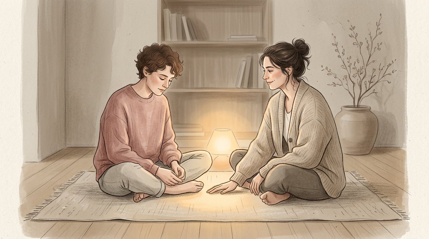 Duas pessoas sentadas conversando em ambiente acolhedor representando confiança emocional e vínculos saudáveis na terapia.