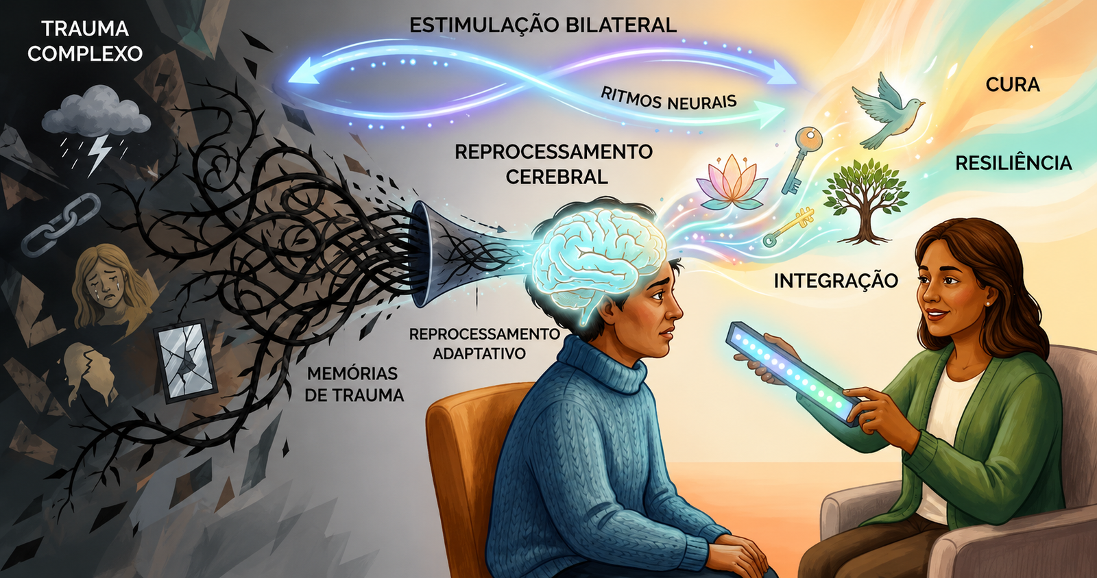 Psicóloga conduzindo sessão de EMDR com paciente em ambiente terapêutico acolhedor.